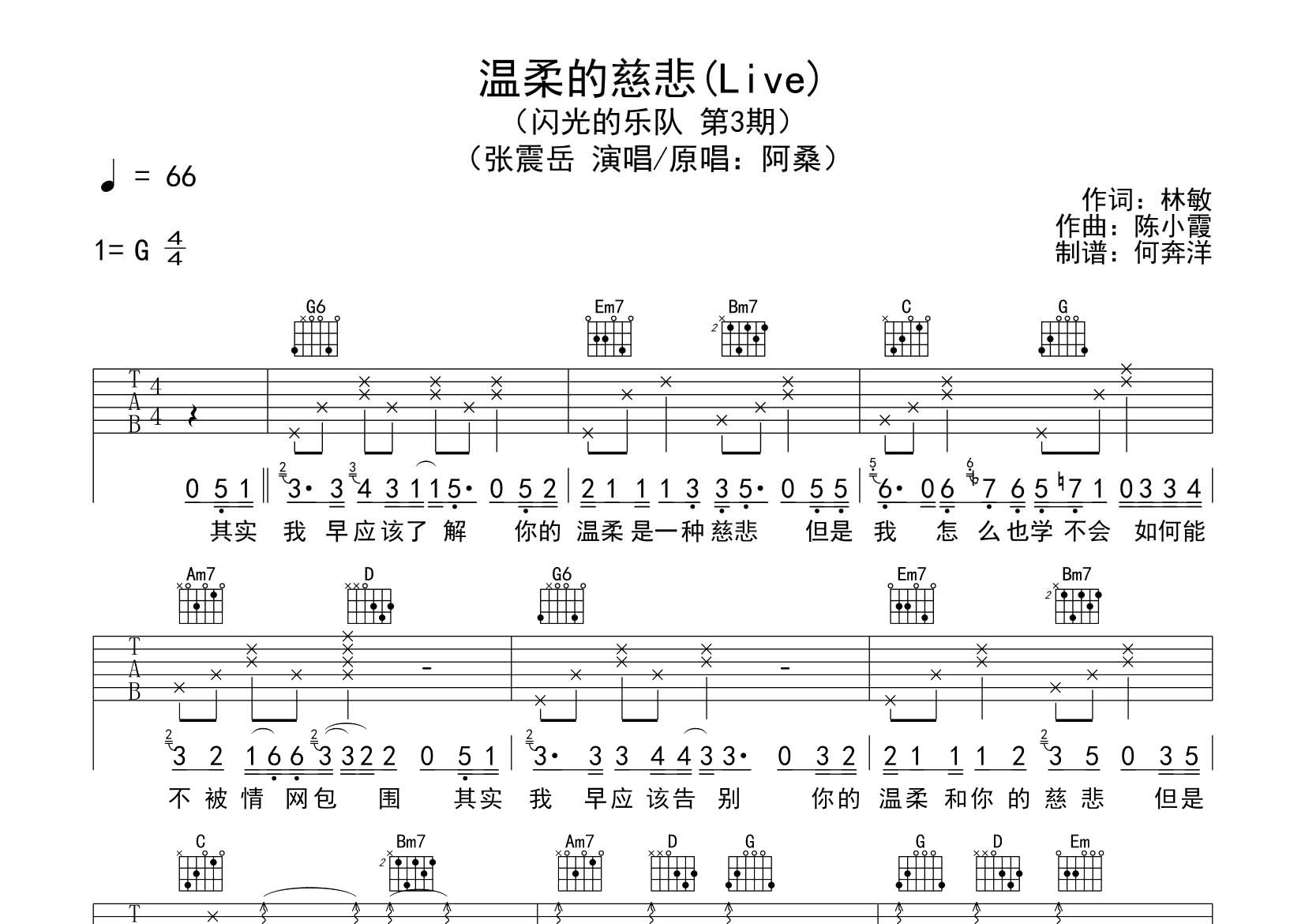 温柔的慈悲吉他谱_张震岳_飞韵吉他_G调
