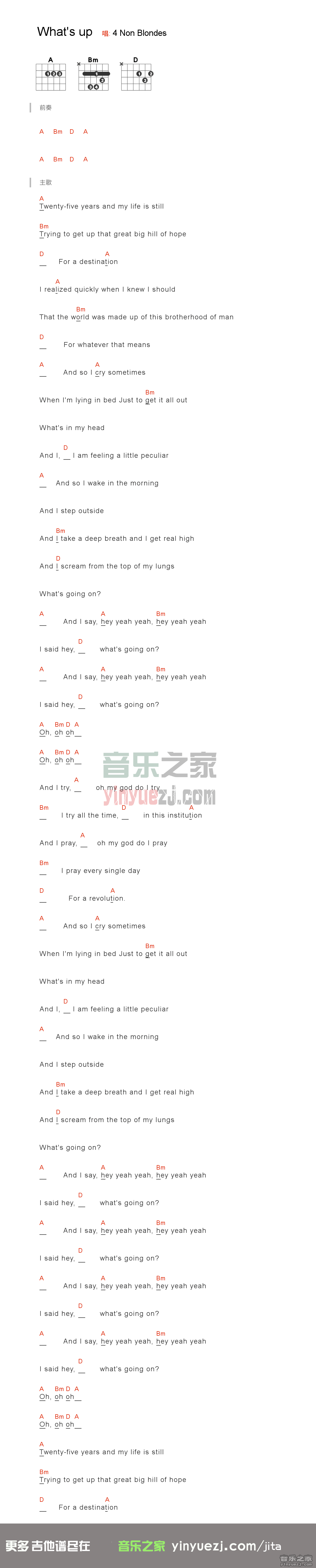 what’s up吉他谱_4NonBlondes_what’sup_音乐之家_A调