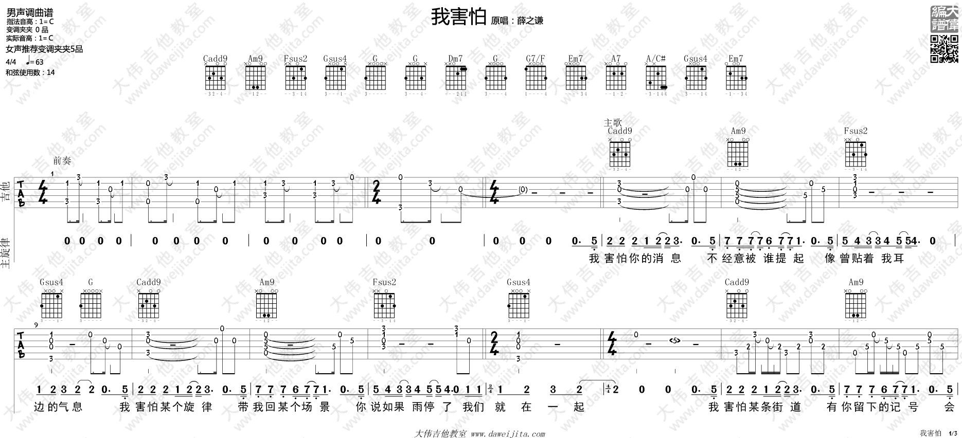 我害怕吉他谱_薛之谦_大伟吉他教室_C调 