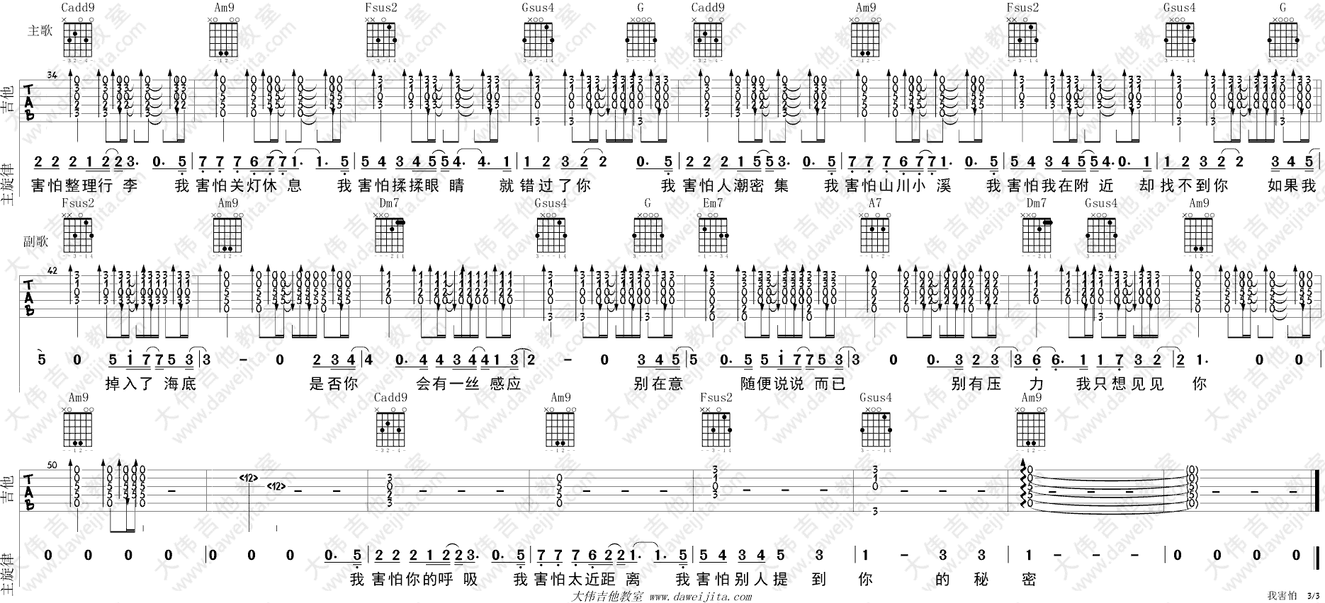 我害怕吉他谱_薛之谦_大伟吉他教室_C调 