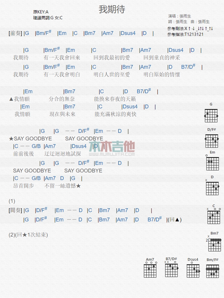 我期待吉他谱_张雨生_木木吉他_A调