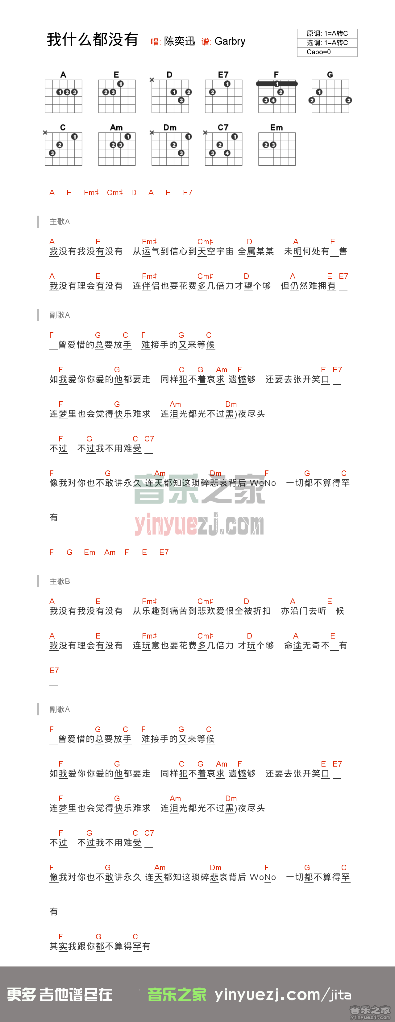 我什么都没有吉他谱_陈奕迅_音乐之家_C调 