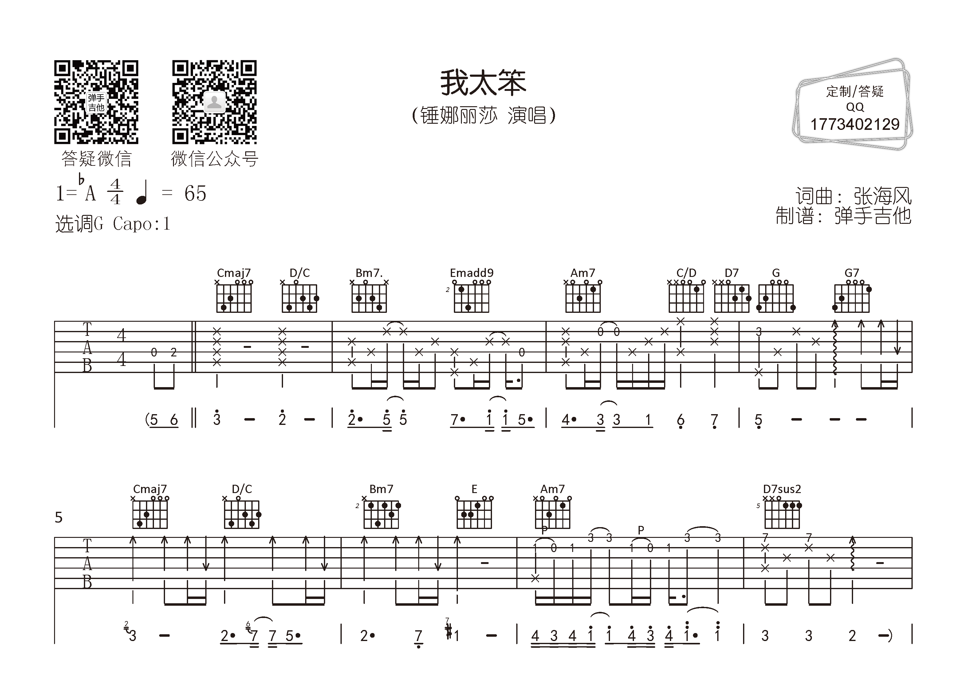我太笨吉他谱_锤娜丽莎_弹手吉他_G调