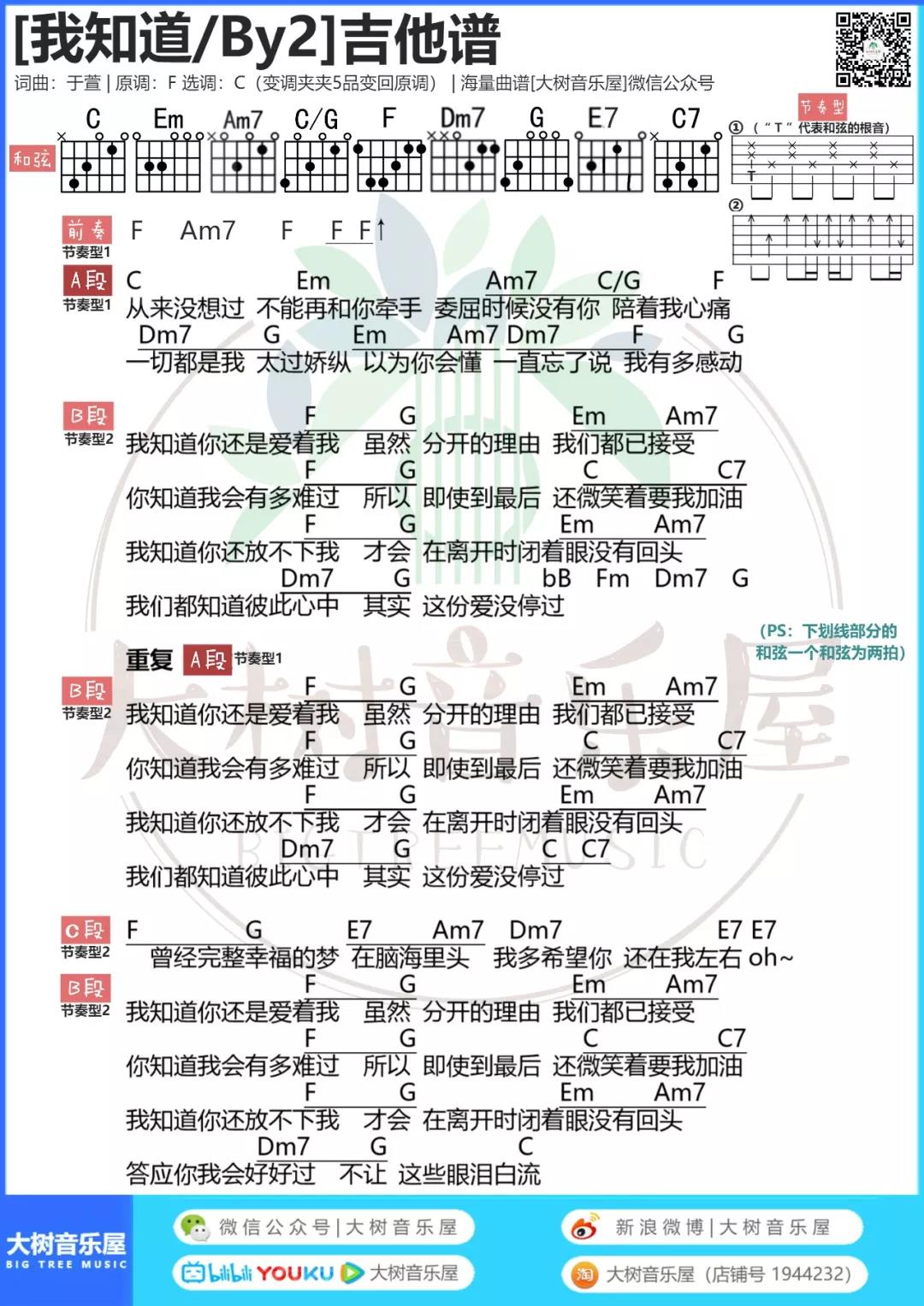 我知道吉他谱_BY2_大树音乐屋_C调