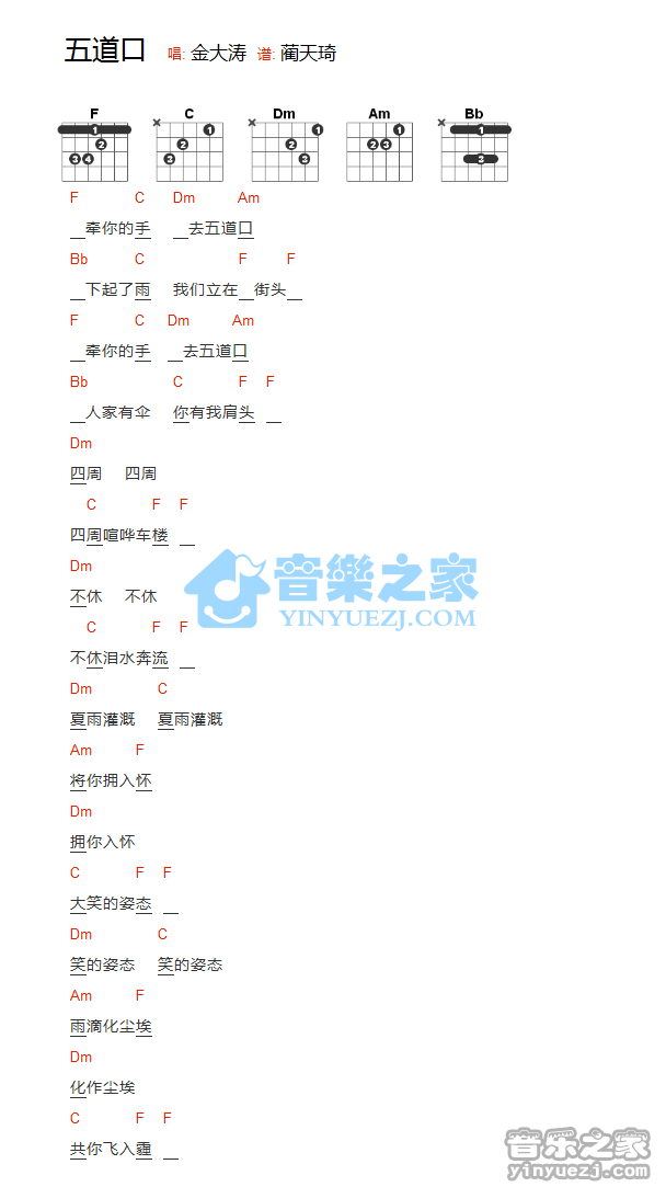 五道口吉他谱_金大涛_网络转载_F调