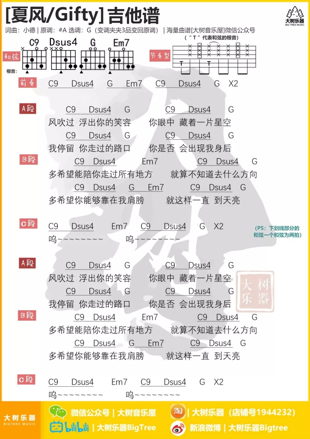 夏风吉他谱_Gifty_大树音乐_G调