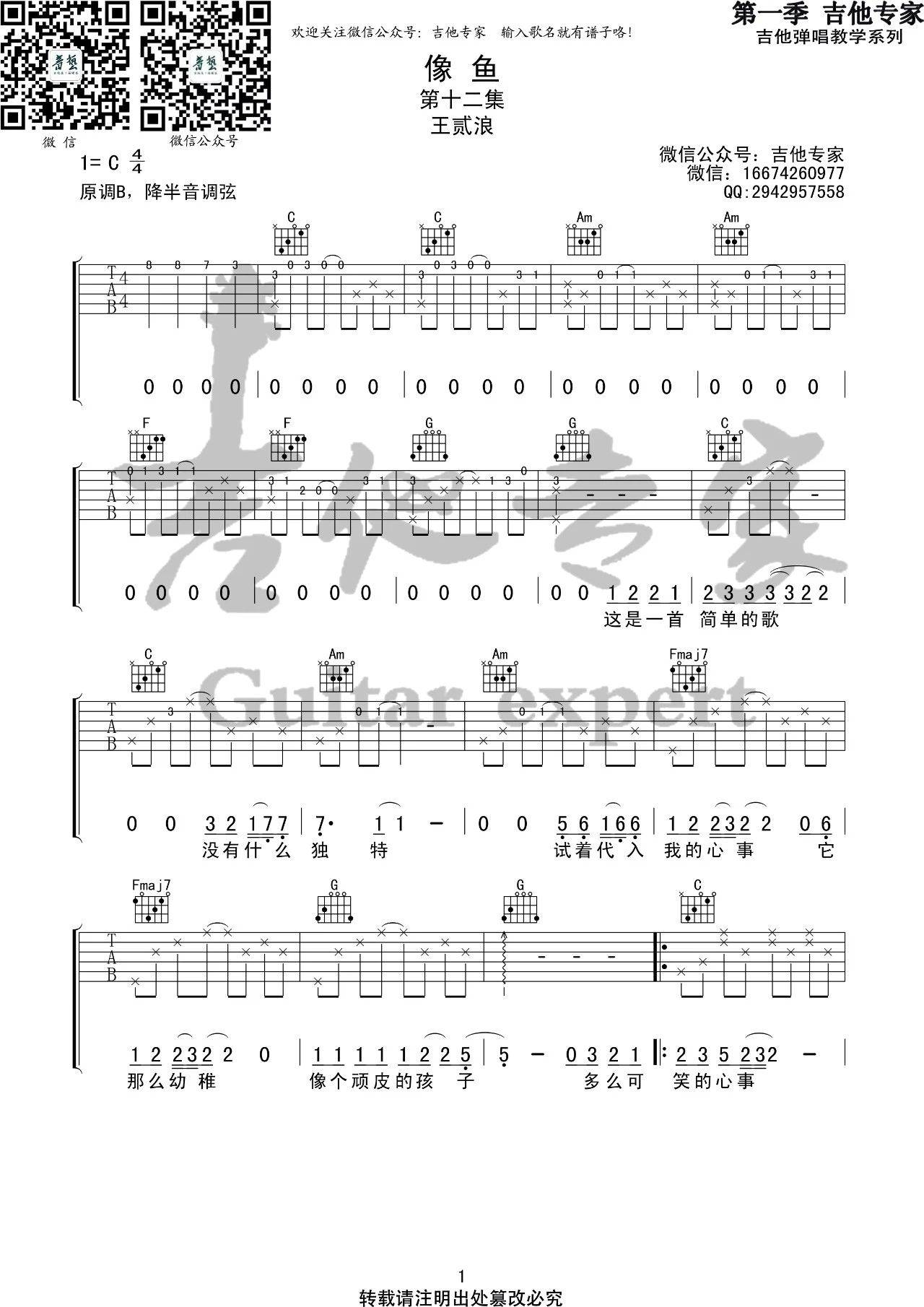 像鱼吉他谱_王贰浪_音艺吉他_C调