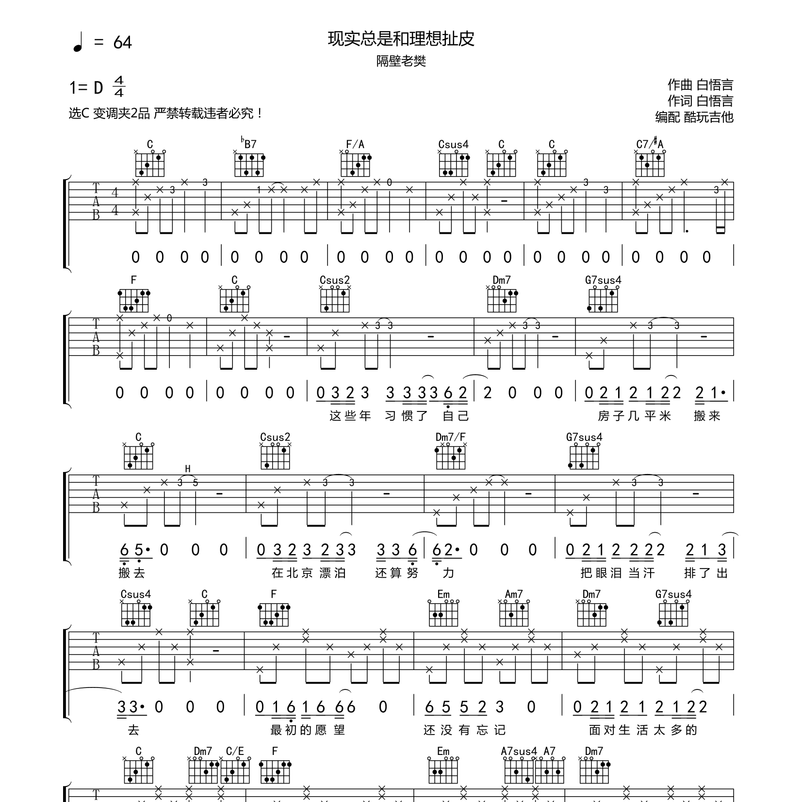 现实总是和理想扯皮吉他谱_隔壁老樊_酷玩吉他_C调