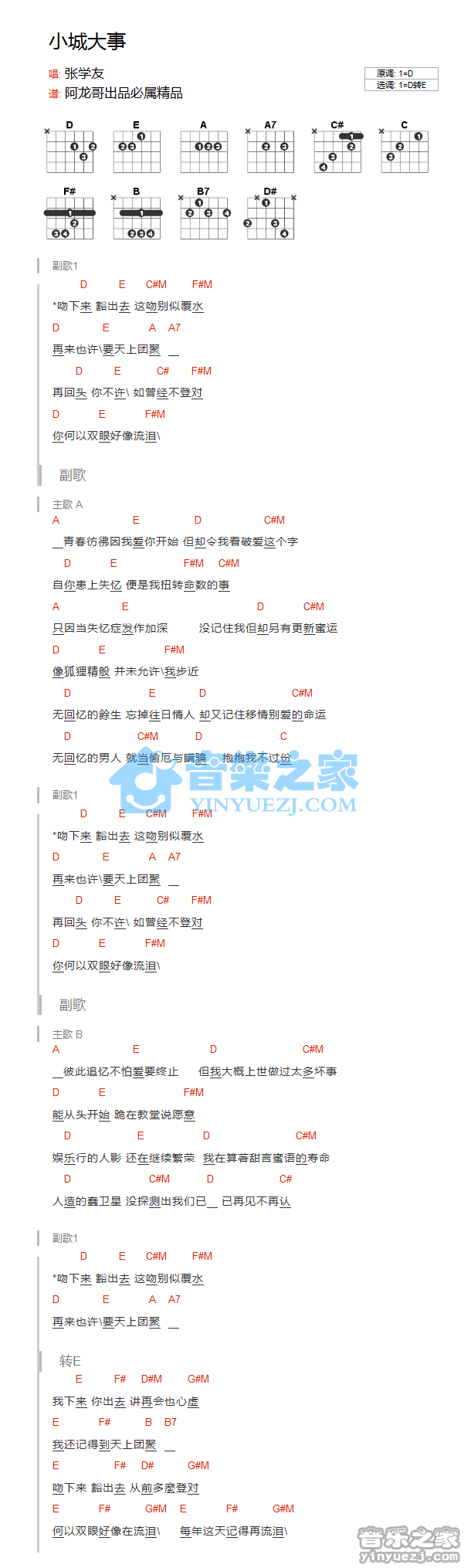 小城大事吉他谱_张学友_音乐之家_E调 