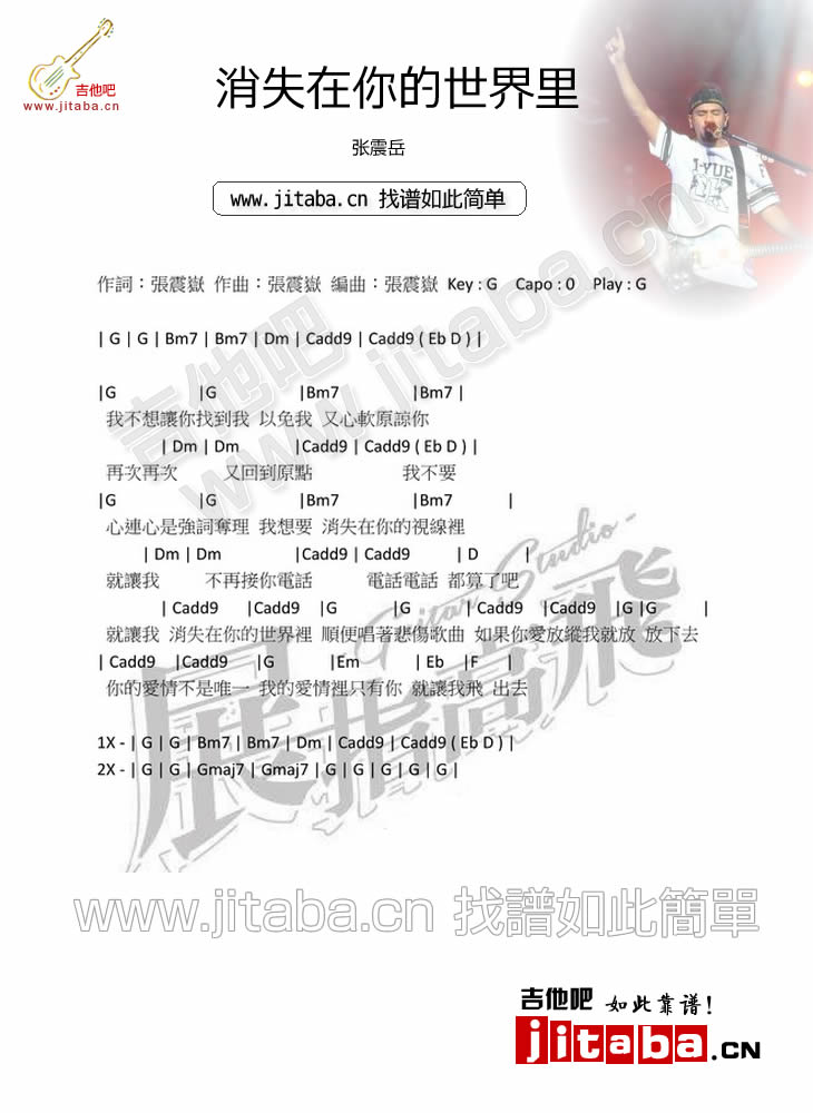 消失在你的世界里吉他谱_张震岳_吉他吧_G调 
