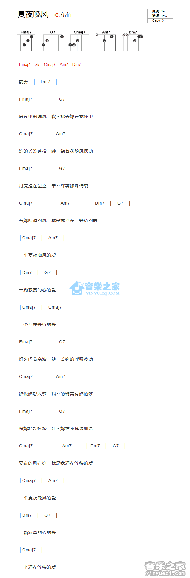 夏夜晚风吉他谱_伍佰_音乐之家_C调