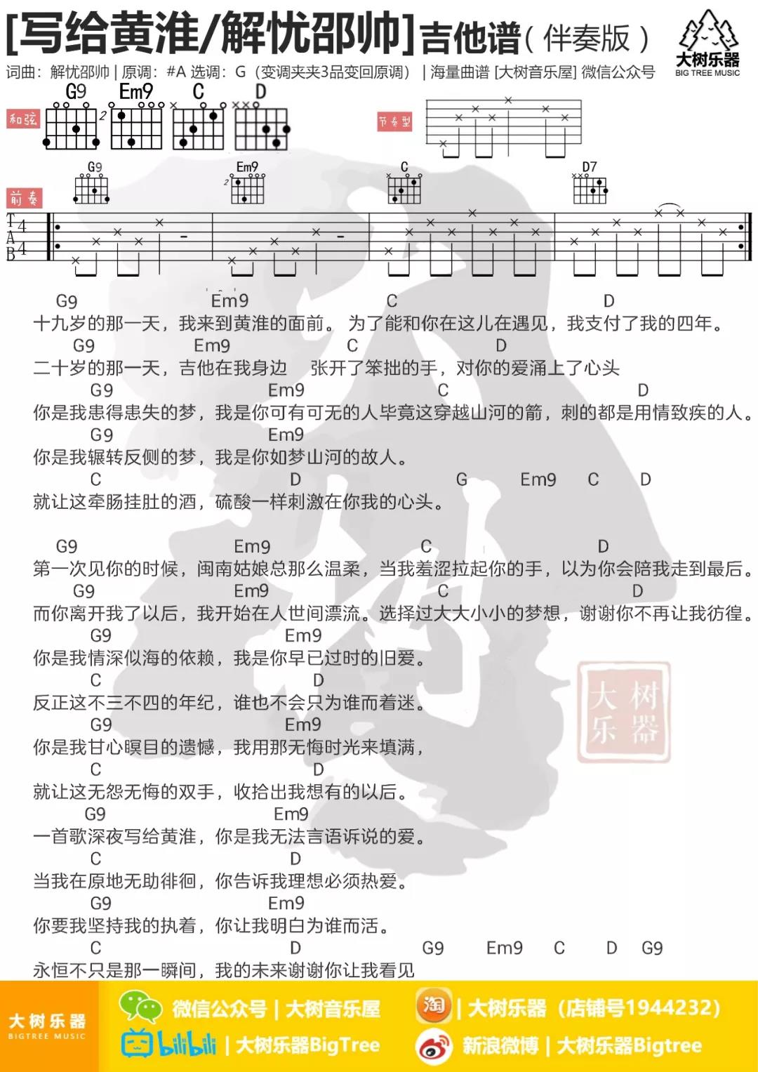写给黄淮吉他谱_解忧邵帅_大树音乐屋_G调