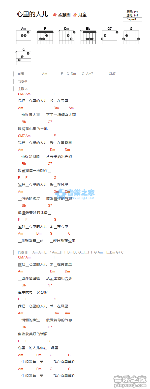 心里的人儿吉他谱_孟慧圆_音乐之家_C调