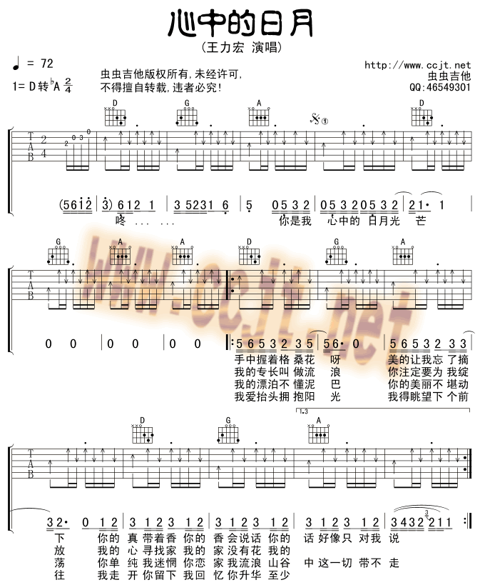 心中的日月吉他谱_王力宏_虫虫吉他_D调