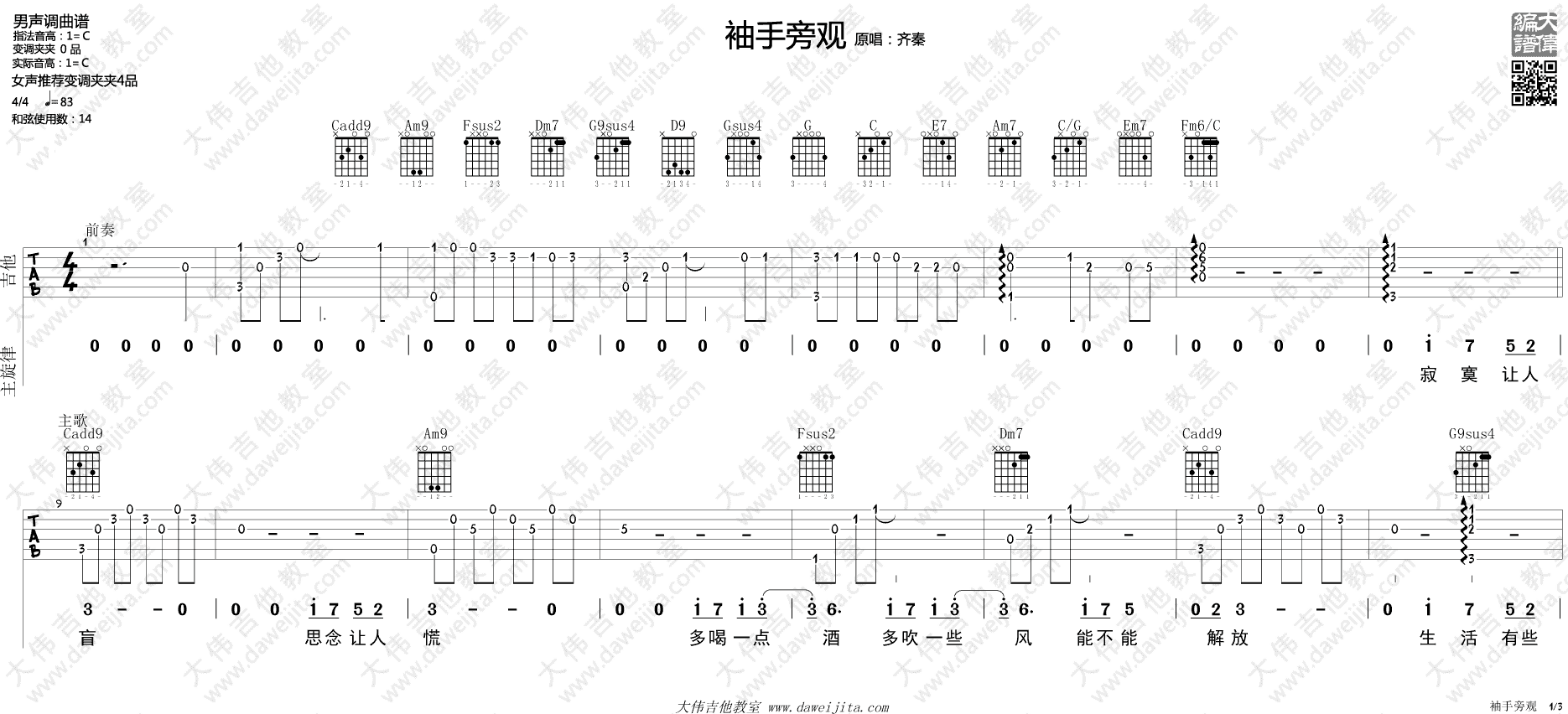 袖手旁观吉他谱_齐秦_大伟吉他教室_C调
