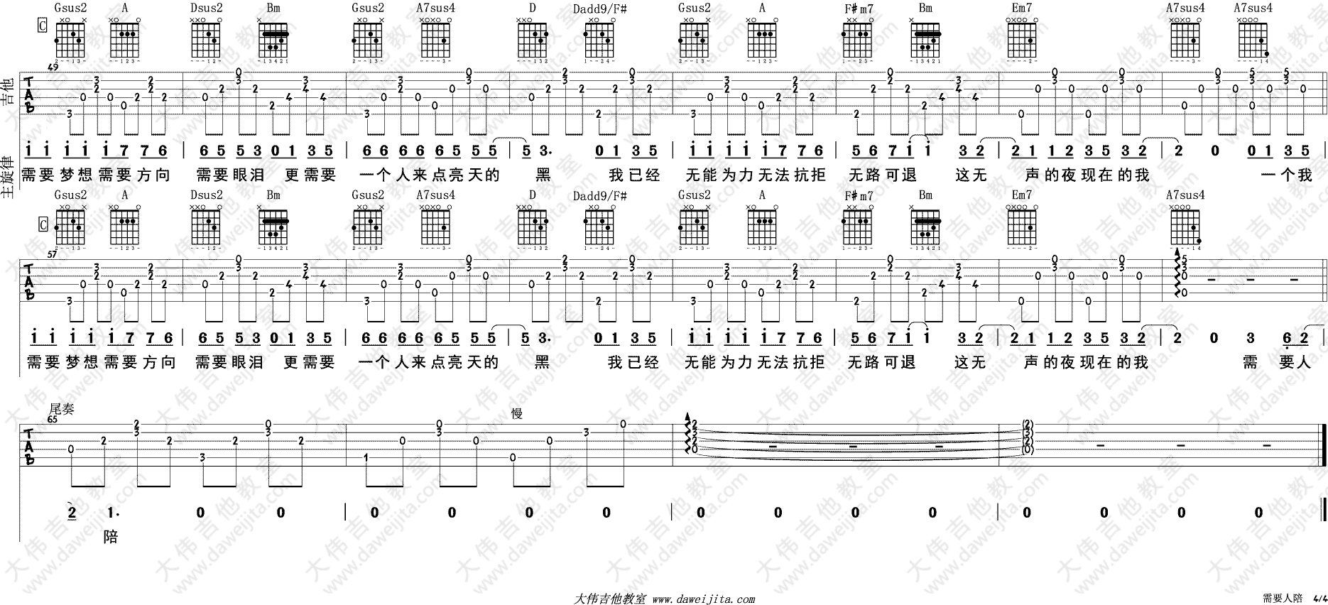 需要人陪吉他谱_王力宏_大伟吉他教室_F调