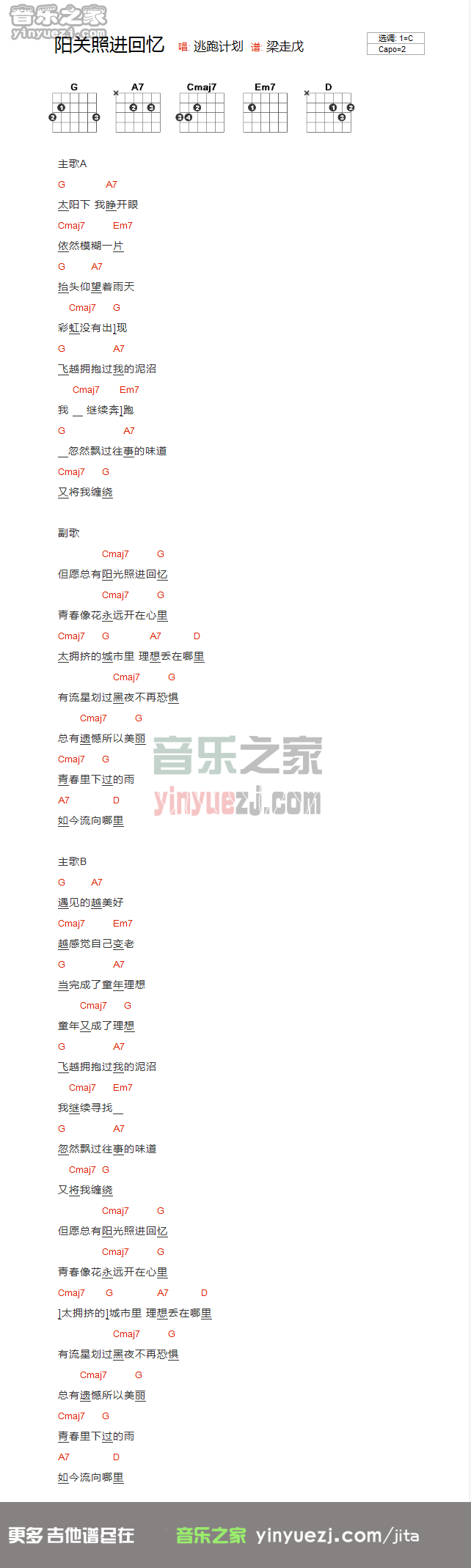 阳光照进回忆里吉他谱_逃跑计划_音乐之家_C调 