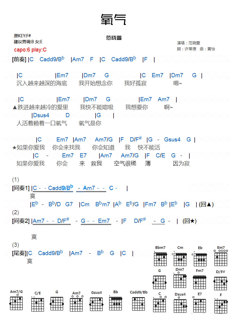 氧气吉他谱_范晓萱_网络转载_C调