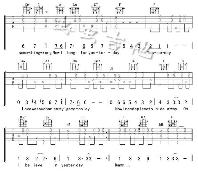 yesterday吉他谱_TheBeatles_虫虫吉他_F调