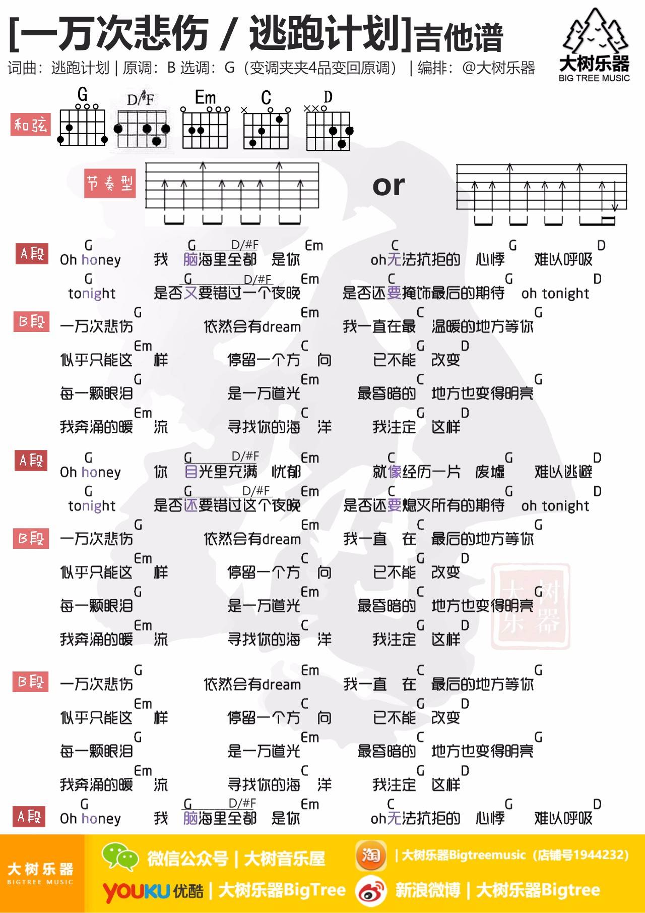 一万次悲伤吉他谱_逃跑计划_大树音乐屋_G调