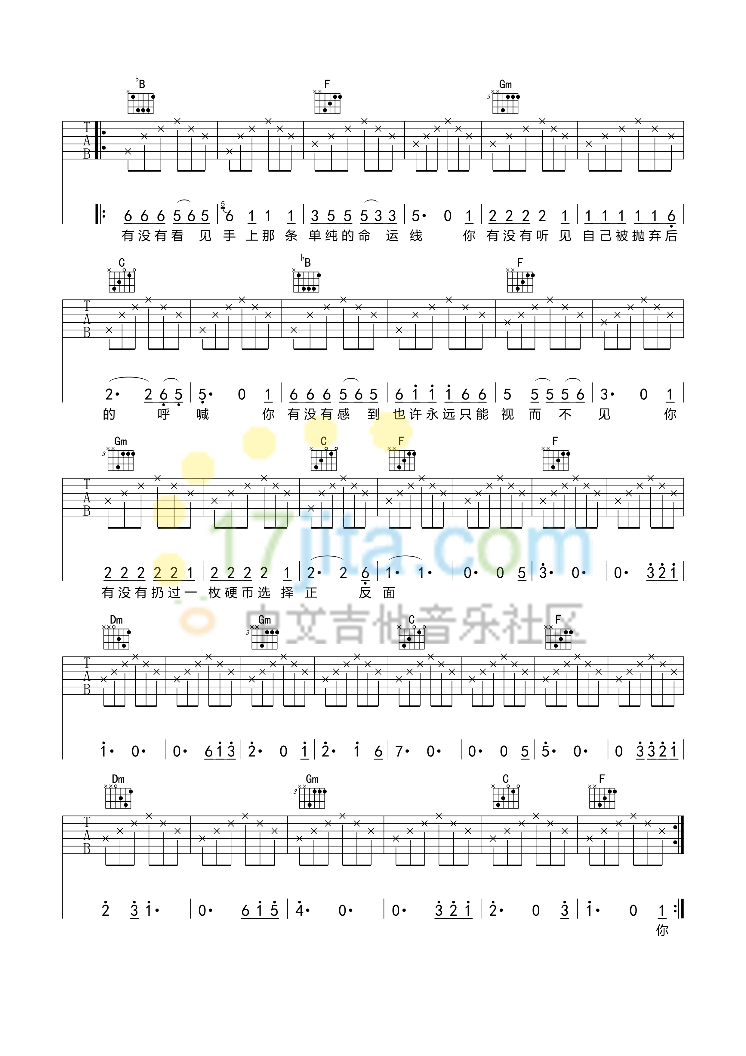 硬币吉他谱_汪峰_17吉他网_F调