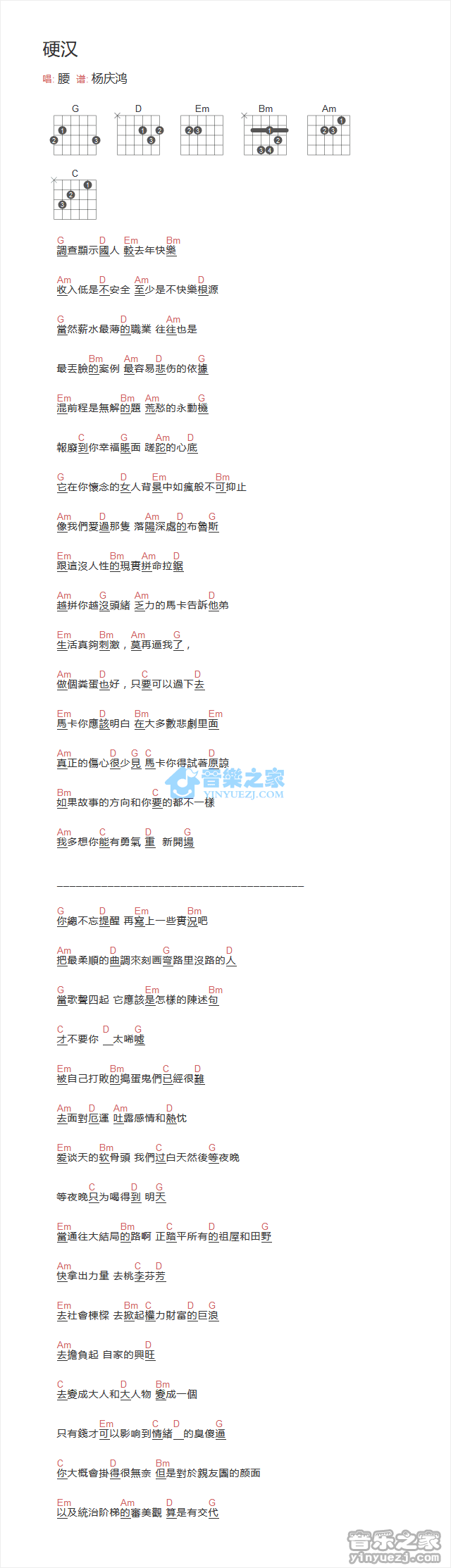 硬汉吉他谱_腰乐队_音乐之家_G调