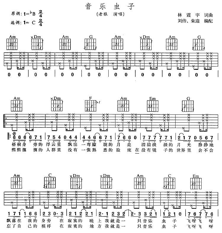 音乐虫子吉他谱_老狼_网络转载_C调