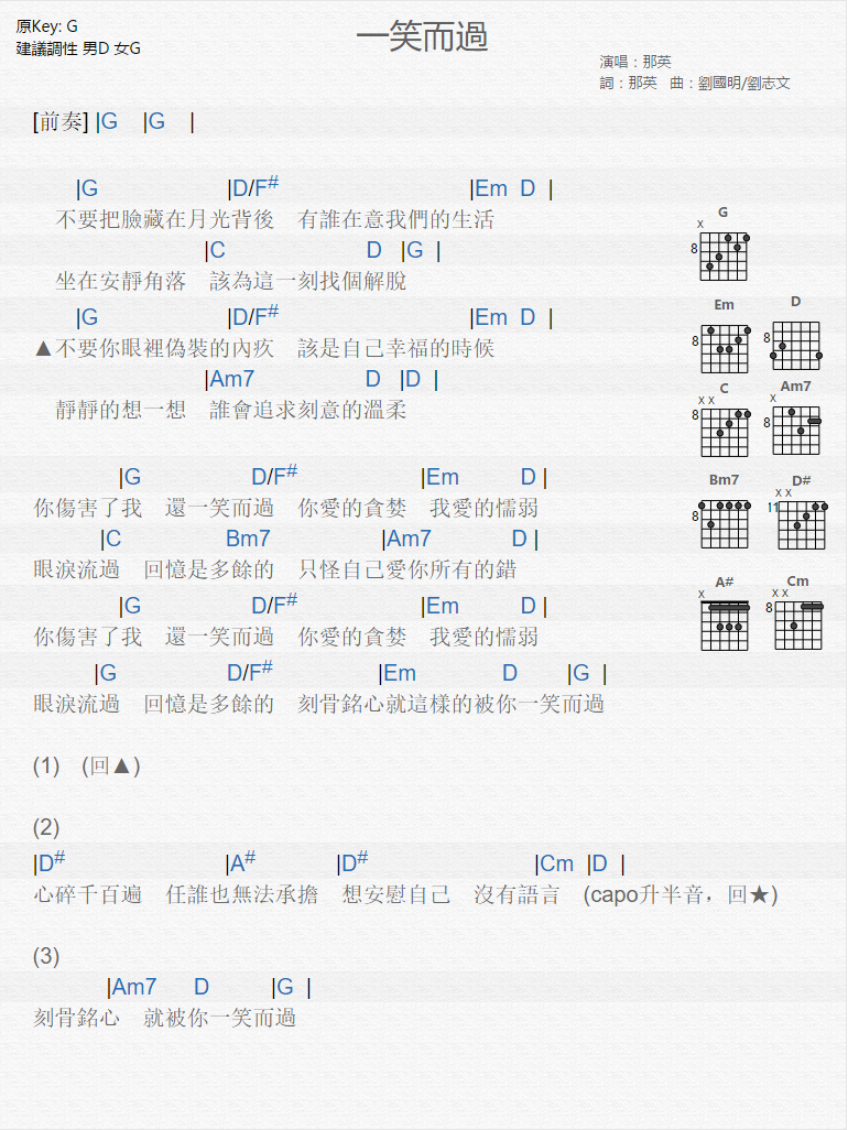 一笑而过吉他谱_那英_木木吉他_G调