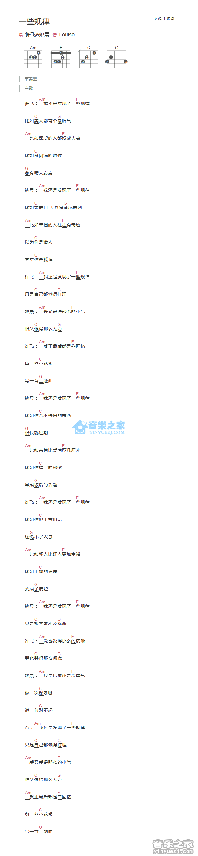 一些规律吉他谱_许飞_音乐之家_A调