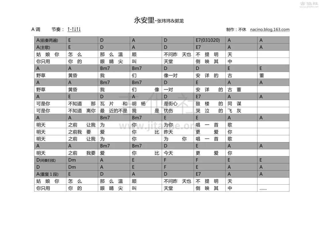 永安里吉他谱_张玮玮_吉他社_A调