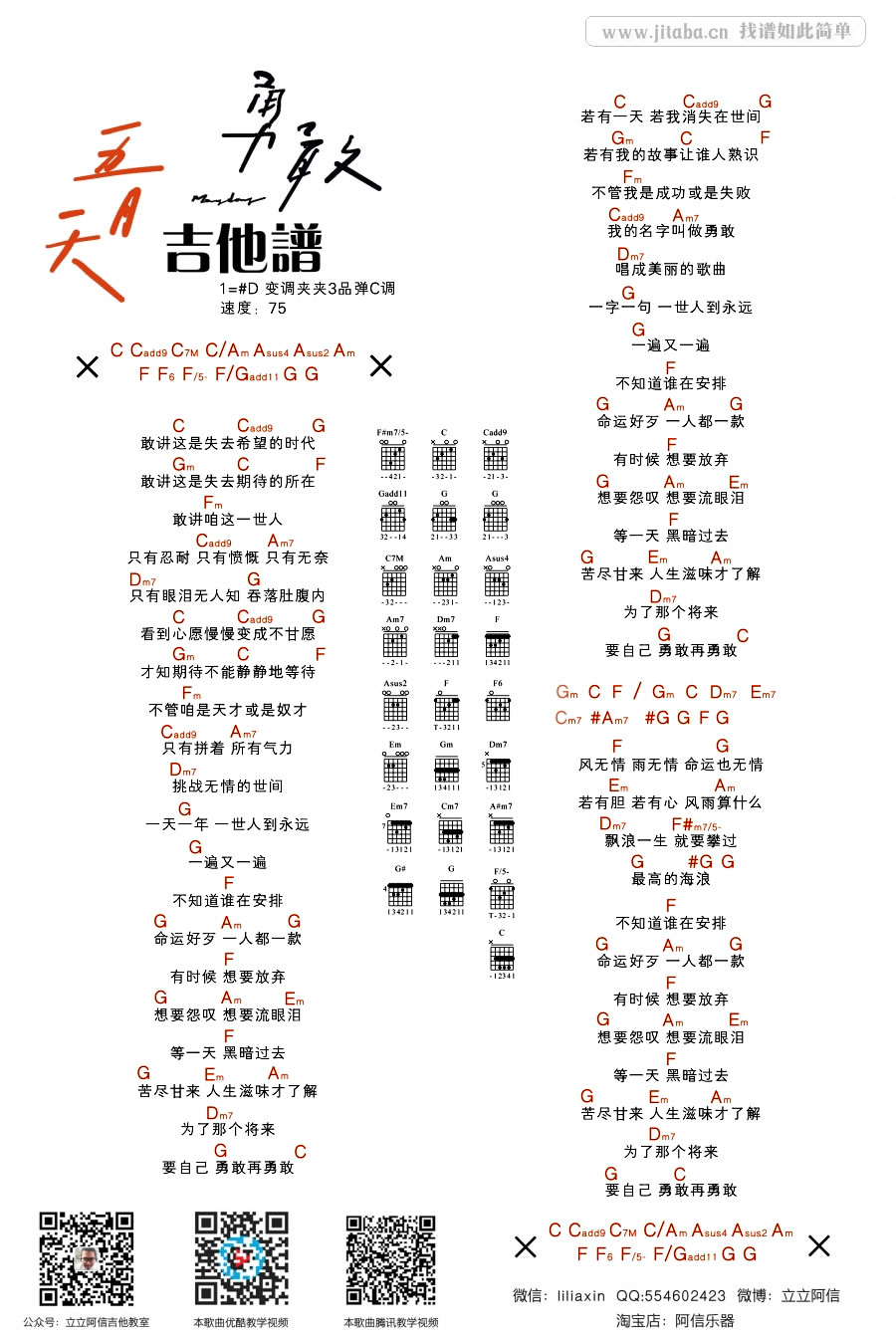 勇敢吉他谱_五月天_阿潘音乐工场_D调