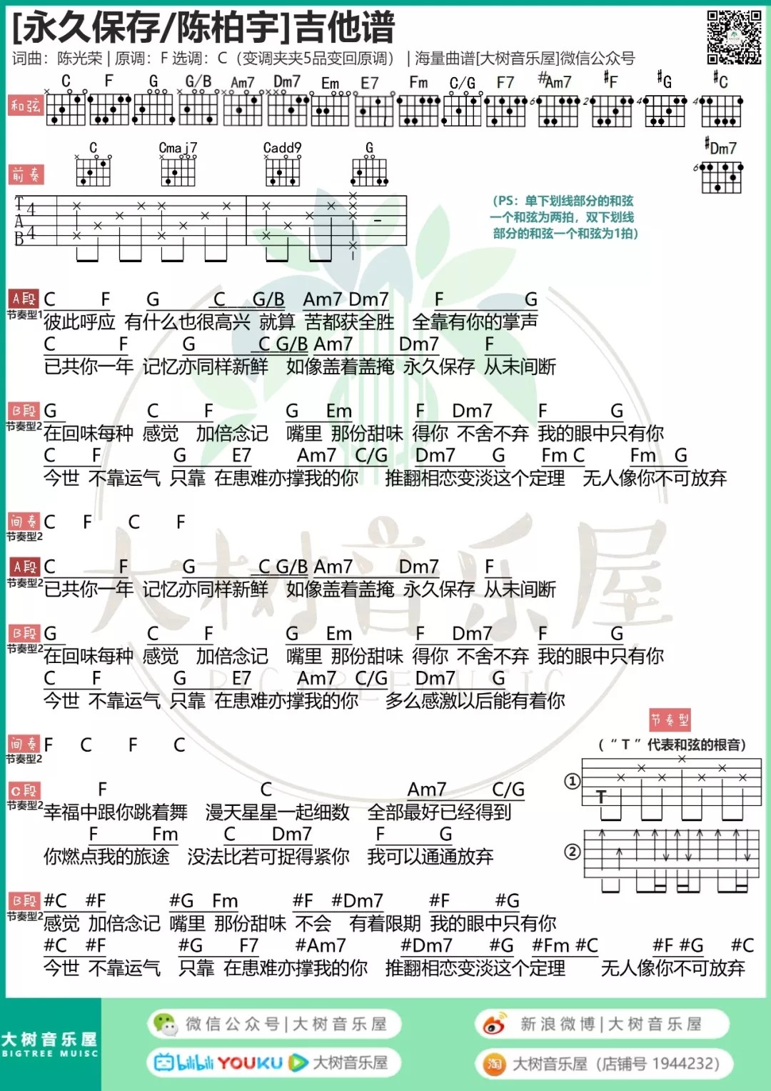 永久保存吉他谱_陈柏宇_大树音乐屋_C调