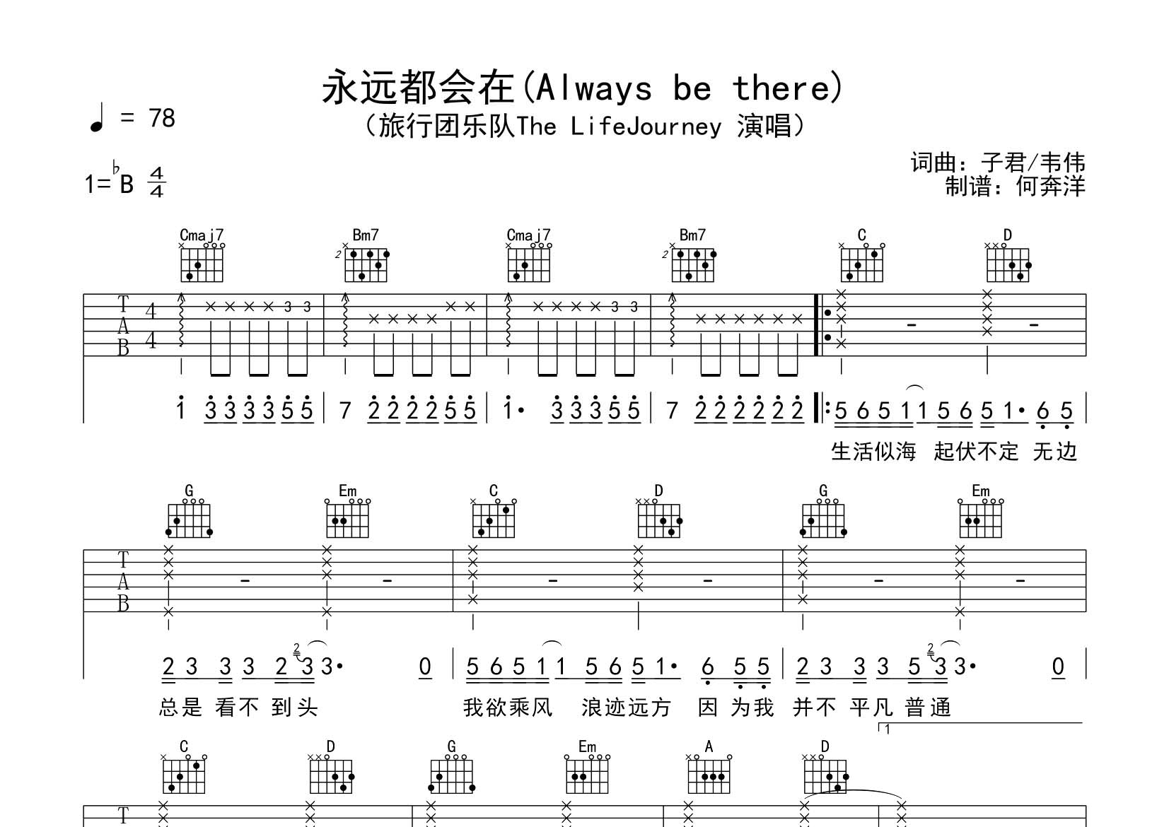 永远都会在吉他谱_旅行团乐队_飞韵吉他_G调 