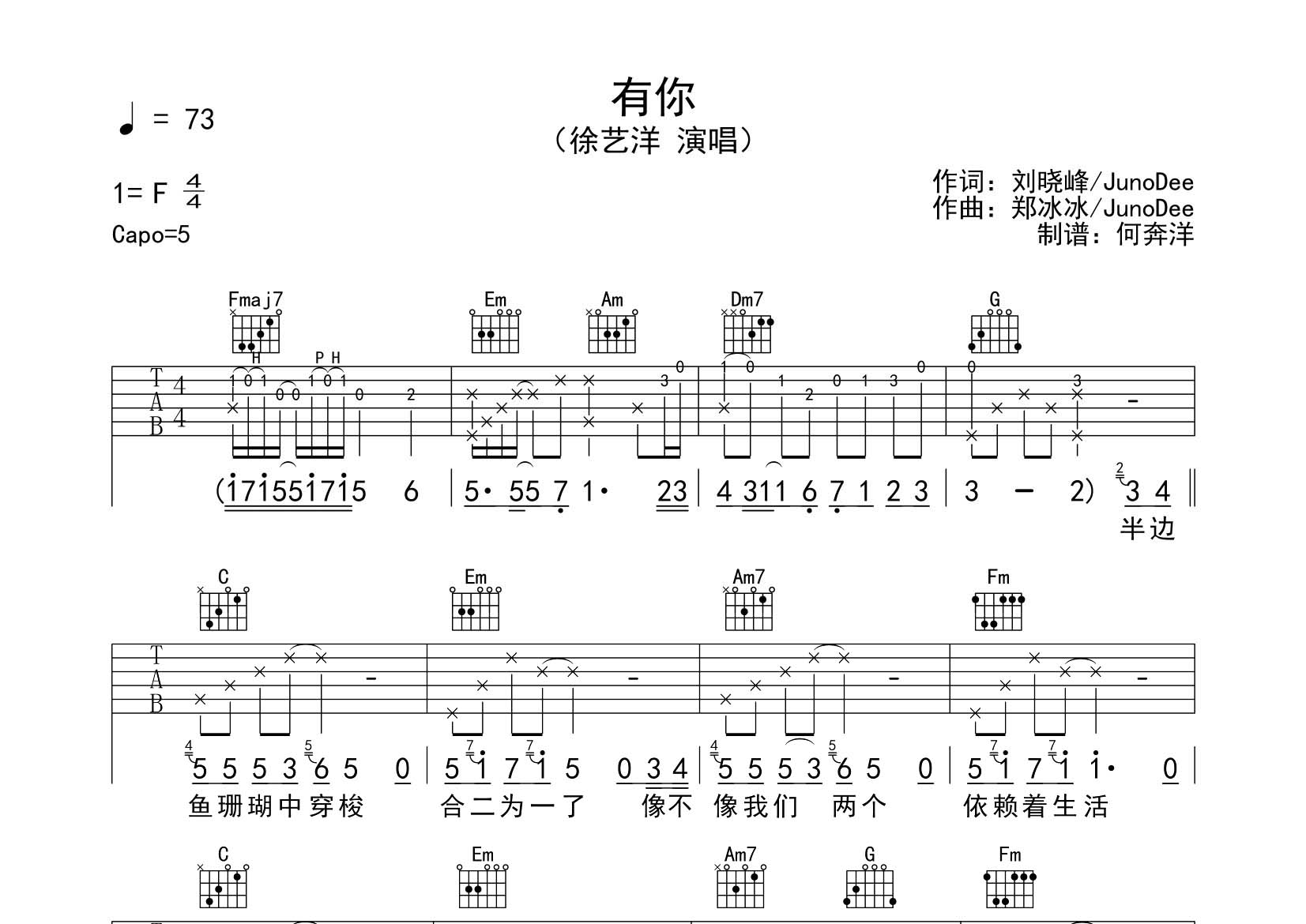 有你吉他谱_徐艺洋_飞韵吉他_C调 