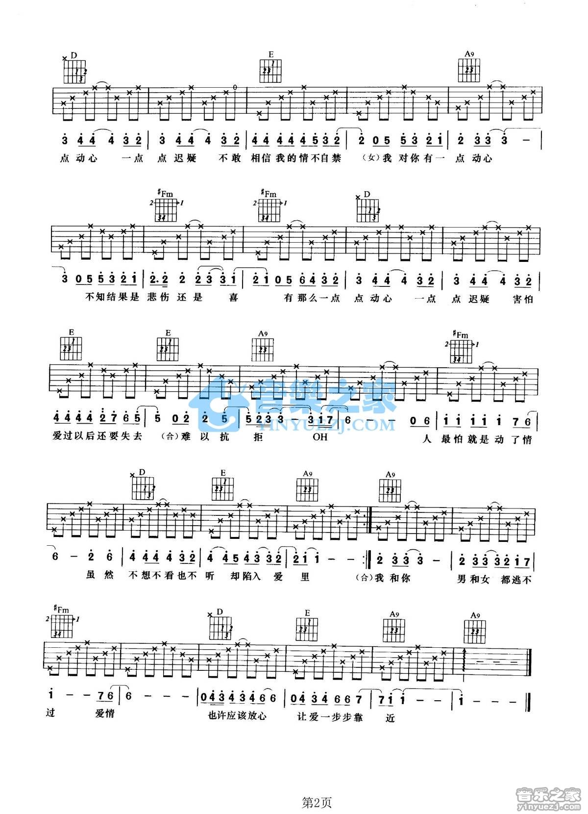 有一点动心吉他谱_张信哲_音乐之家_A调 