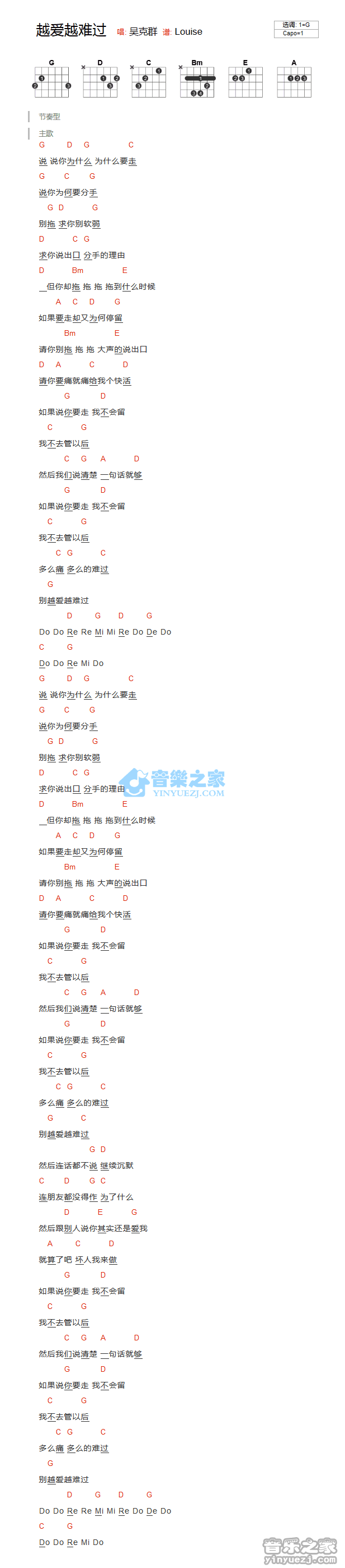 越爱越难过吉他谱_吴克羣_音乐之家_G调