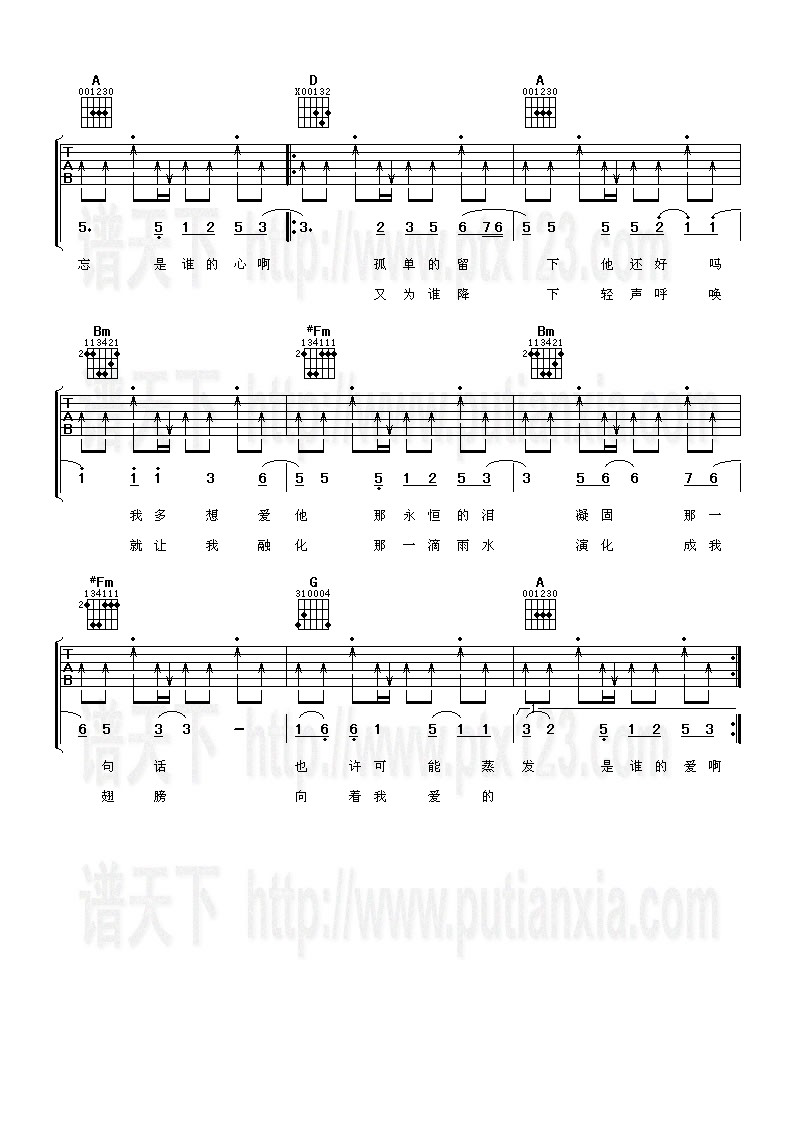 月牙湾吉他谱_飞儿乐团_阿潘音乐工场_D调 
