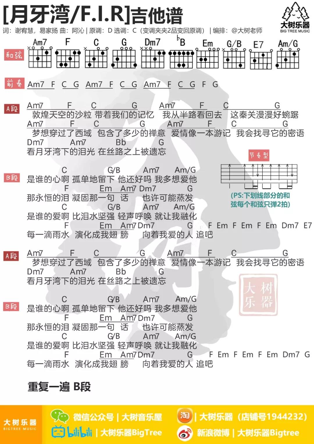 月牙湾吉他谱_飞儿乐团_大树音乐屋_C调