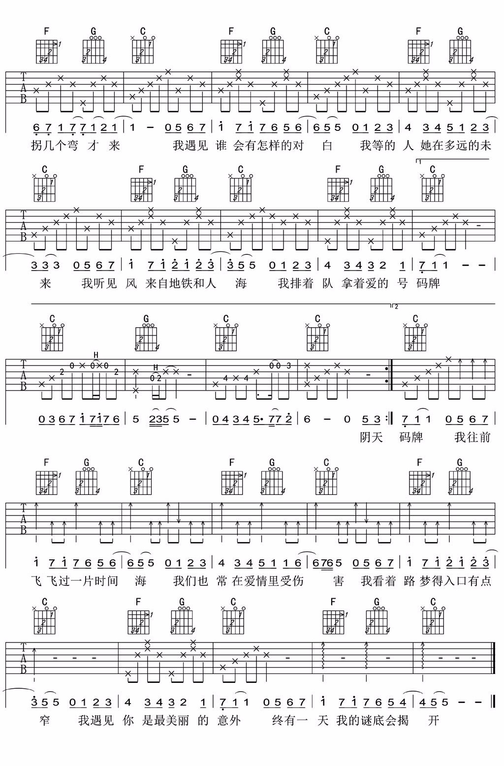 遇见吉他谱_孙燕姿_C调