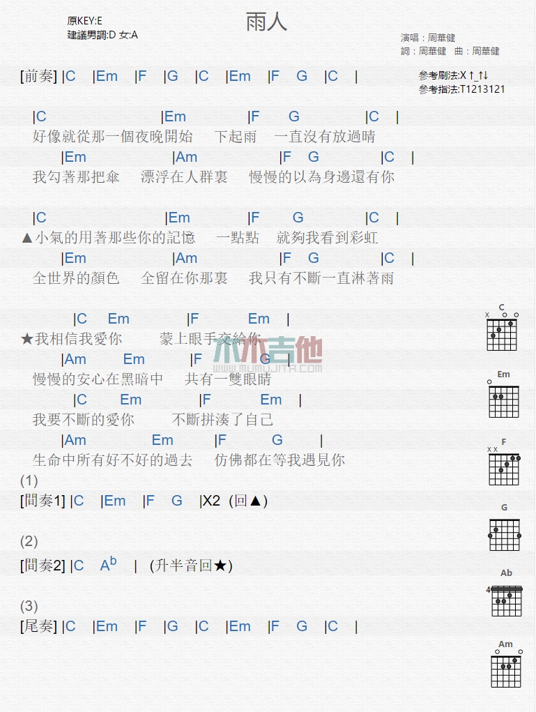 雨人吉他谱_周华健_木木吉他_E调
