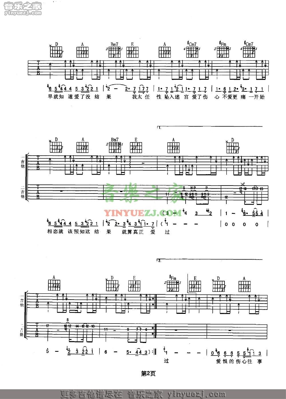 早知吉他谱_谢霆锋_音乐之家_A调 