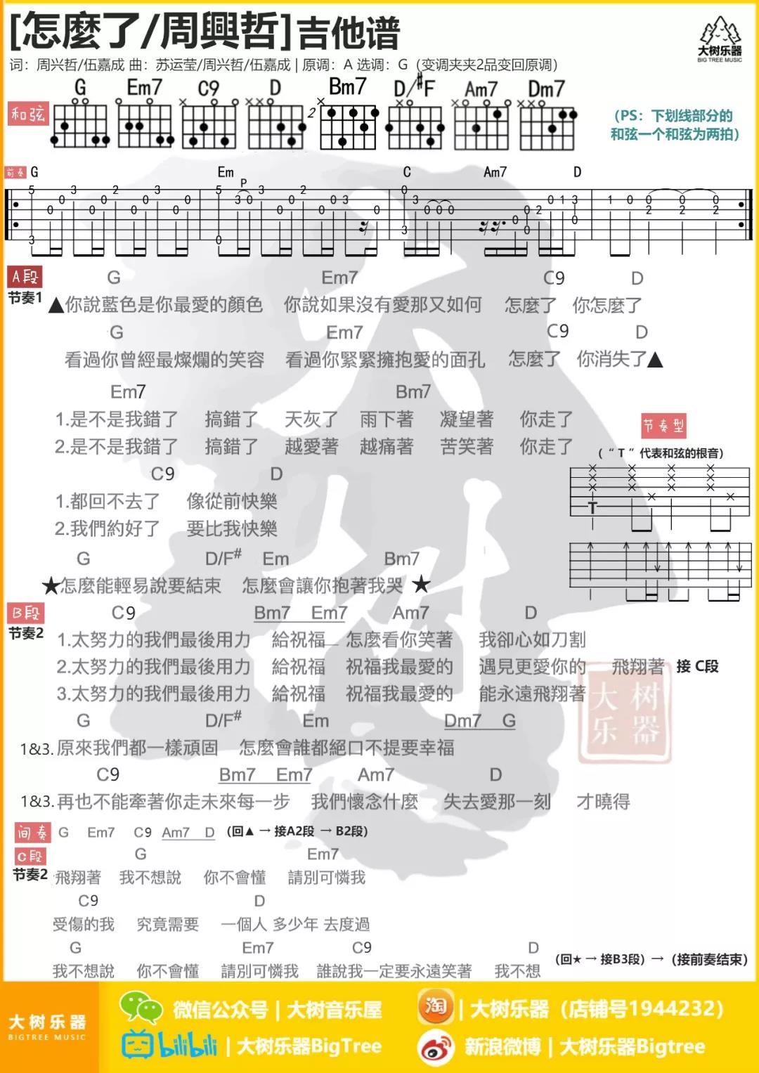 怎么了吉他谱_周兴哲_大树音乐屋_G调 