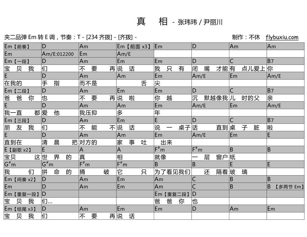 真相吉他谱_张玮玮_不休_E调