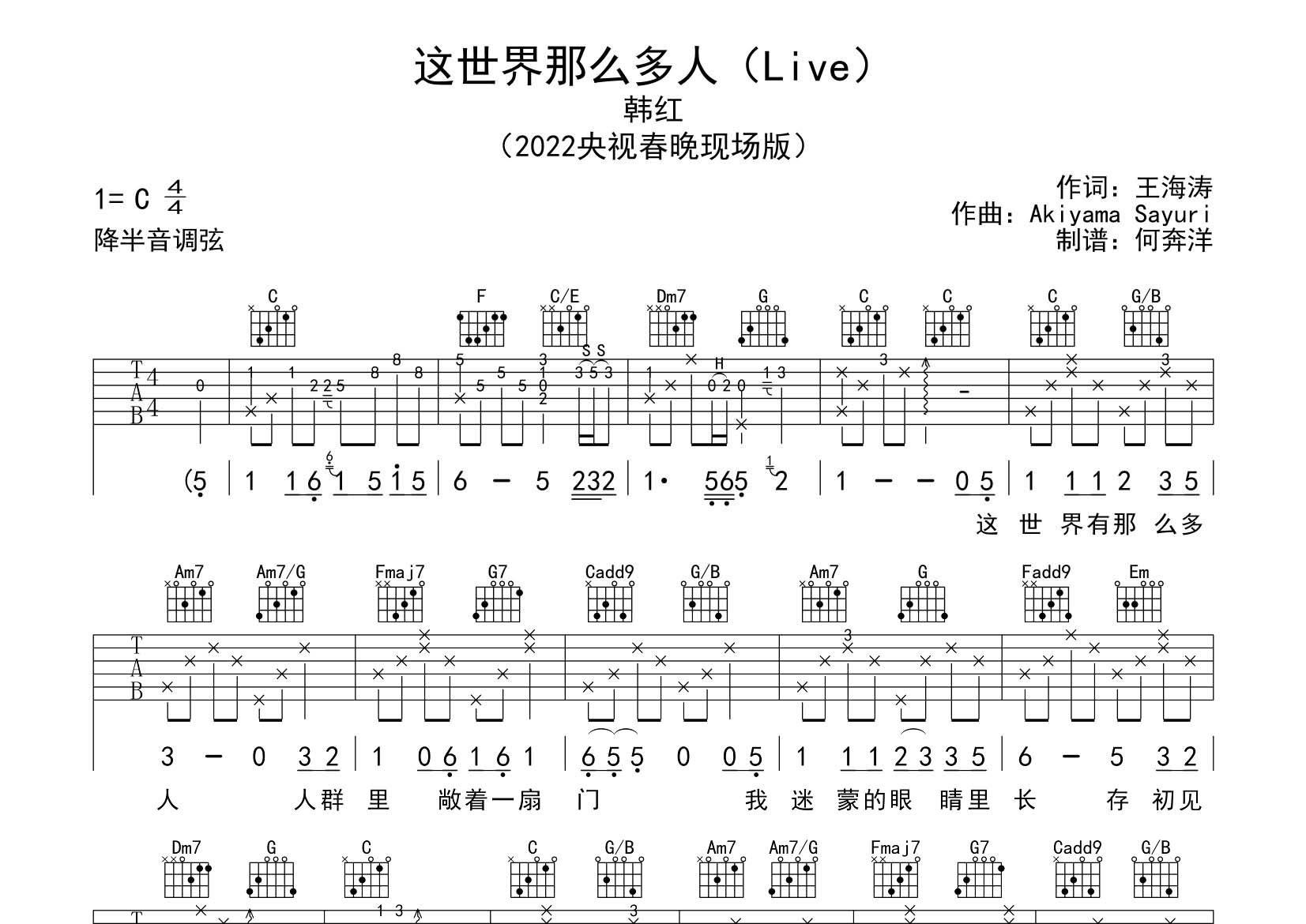 这世界那么多人吉他谱_韩红_飞韵吉他_C调