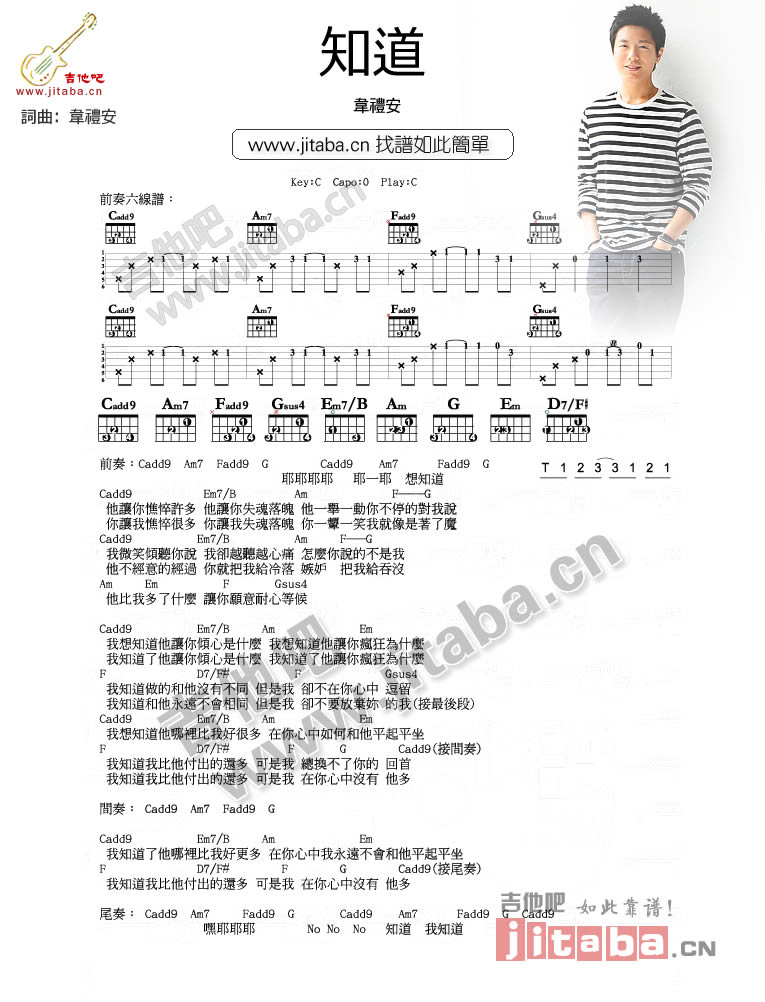 知道吉他谱_韦礼安_吉他吧_C调 