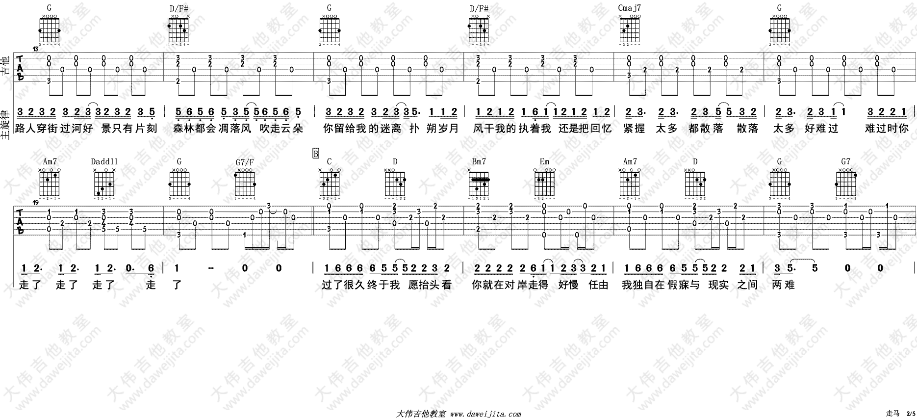 走马吉他谱_摩登兄弟_大伟吉他教室_G调