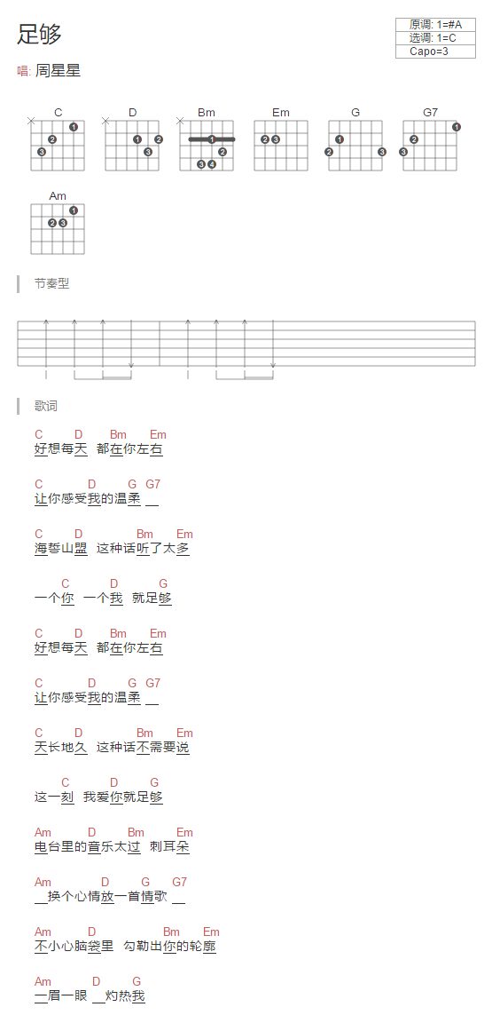 足够吉他谱_周星星_网络转载_C调