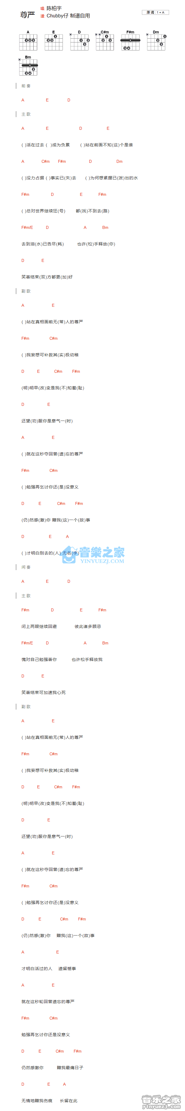 尊严吉他谱_陈柏宇_音乐之家_A调