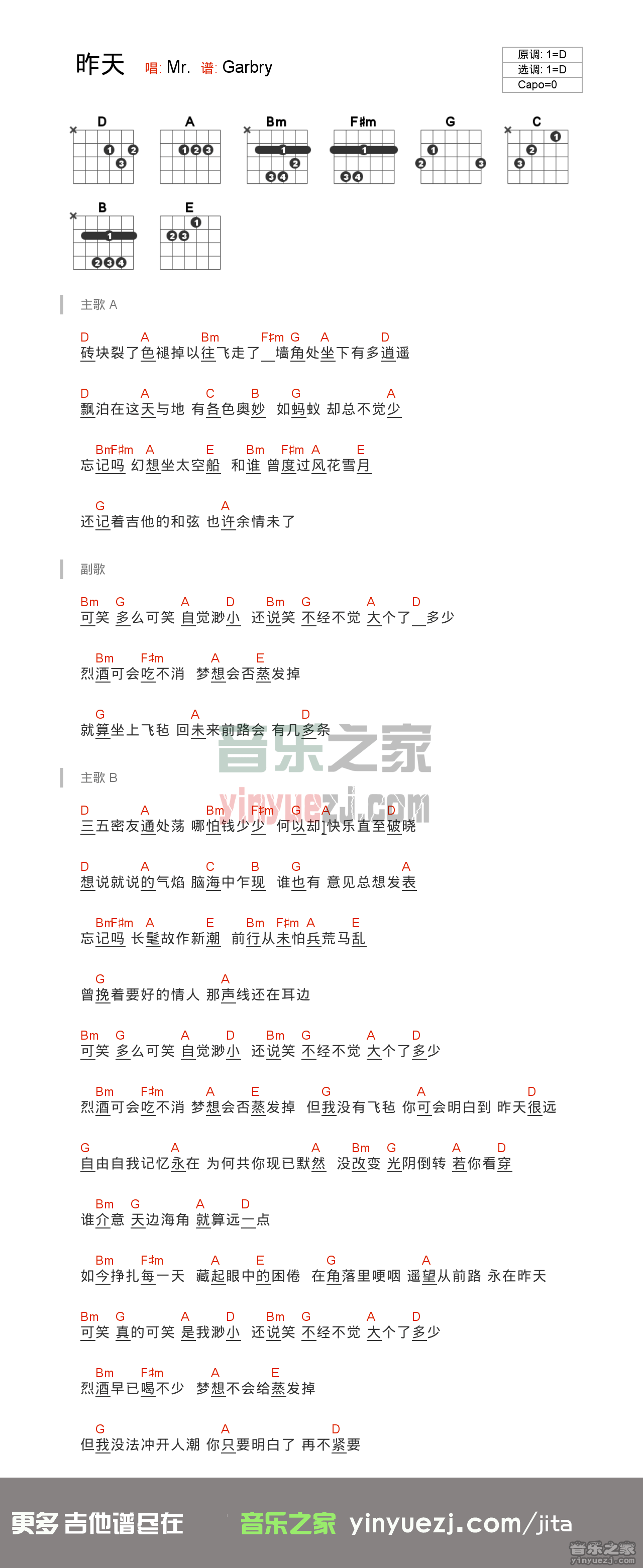 昨天吉他谱_MR._Garbry_D调